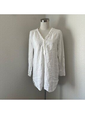 Rosemarine Popover Linen Tunic Top V Neck Long Roll Sleeve Lightweight Minimalis